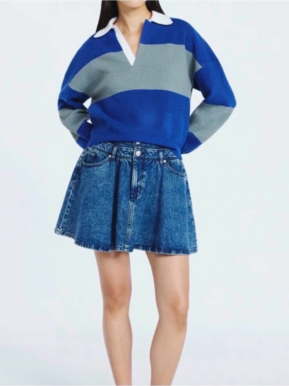 Casual Blue Denim Flared Mini Skirt